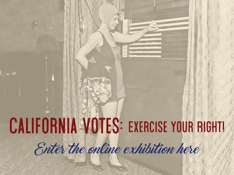 Woman adjusting blinds with text "California Votes: Exercise Your Right!