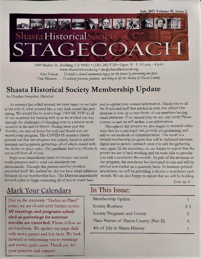 Shasta Historical Society newsletter cover for July 2021 featuring membership update and calendar information.