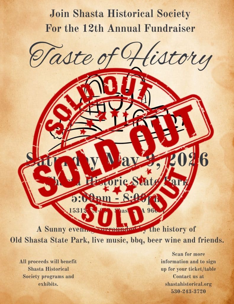 Vintage poster for "Taste of History" fundraiser event marked "SOLD OUT" with event details and contact information for Shasta Historical Society.