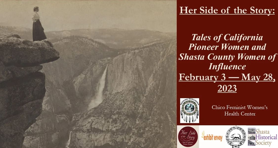 Woman in long skirt stands on rocky outcrop overlooking a mountainous valley with waterfall, exhibition poster for "Her Side of the Story" Feb 3–May 28, 2023.